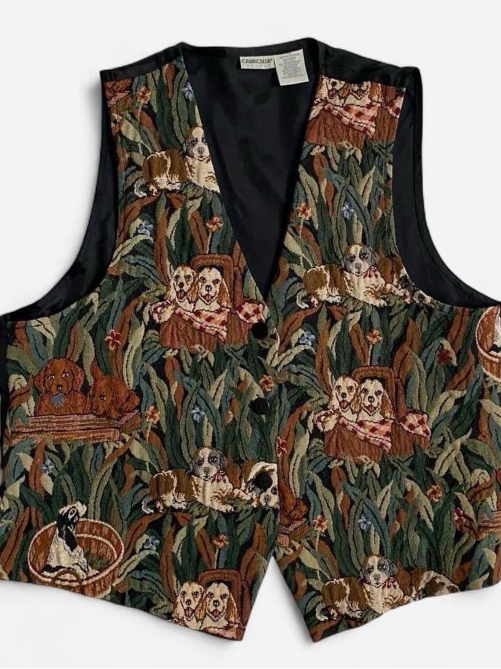 Vintage botanical dogs in baskets tapestry vest